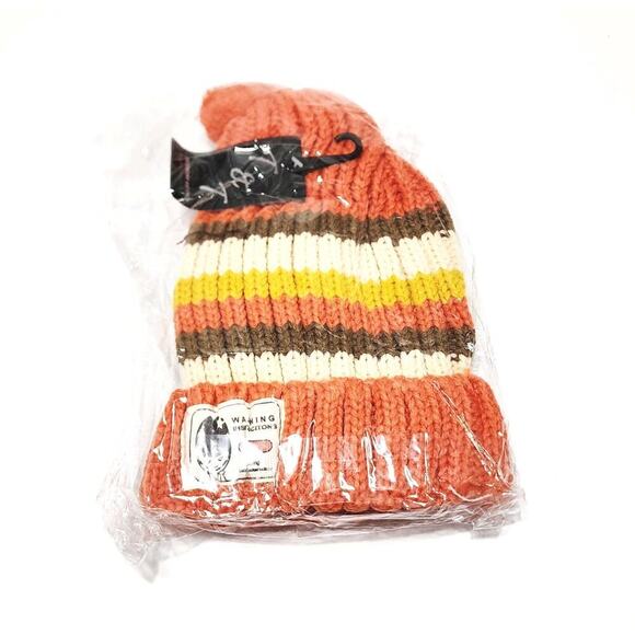 T&T Orange & Beige Knitted Unisex Striped Fleece Warm Fur Lined Pom Beanie Hat - Picture 2 of 5